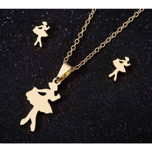 Dainty Ballerina Necklace and Earrings Set Gold Plated Stainless Steel Gift